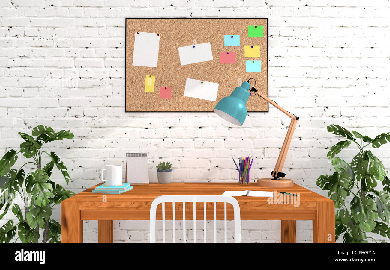 Home Office Room Interior In Modern And Loft Decoration With Cork Board And Blank Memo Paper Study Or Working Desk And Table Lamp Stock Photo Alamy