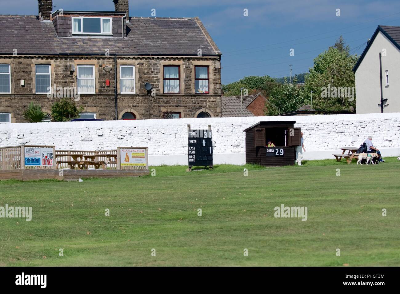 The score board in a second eleven match between Tintwistle and Mottram Stock Photo