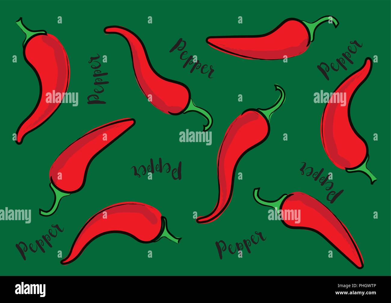 Vector illustration Red Sweet Chili Pepper on a green background and ...