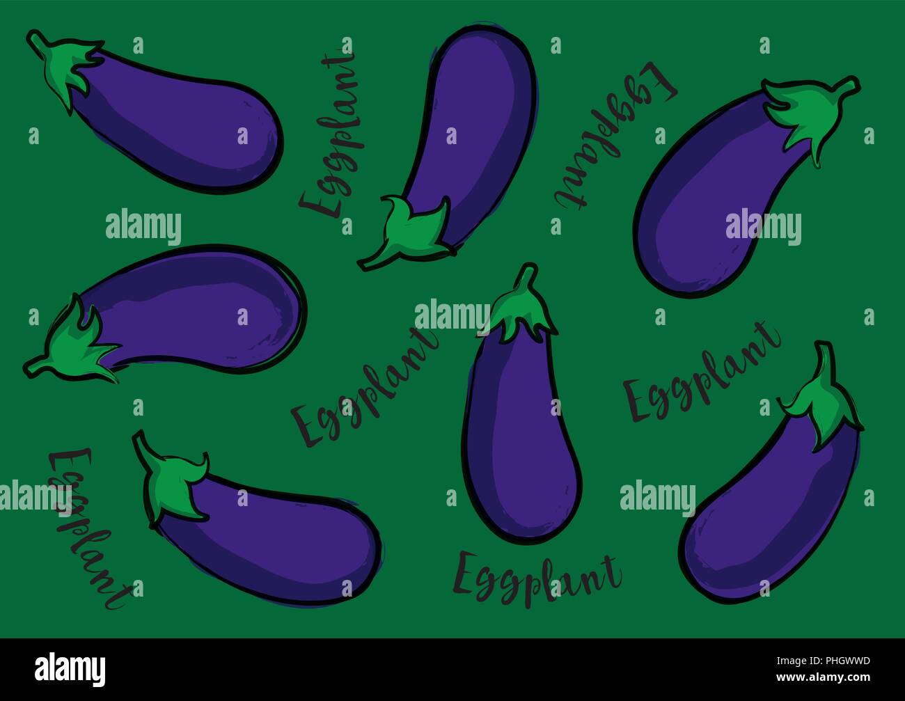 Vector illustration Eggplant on a green background and calligraphic inscription «Pepper» Stock Vector