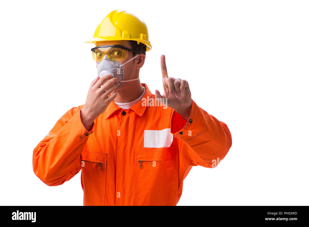 Construction worker with protective mask isolated on white Stock Photo ...