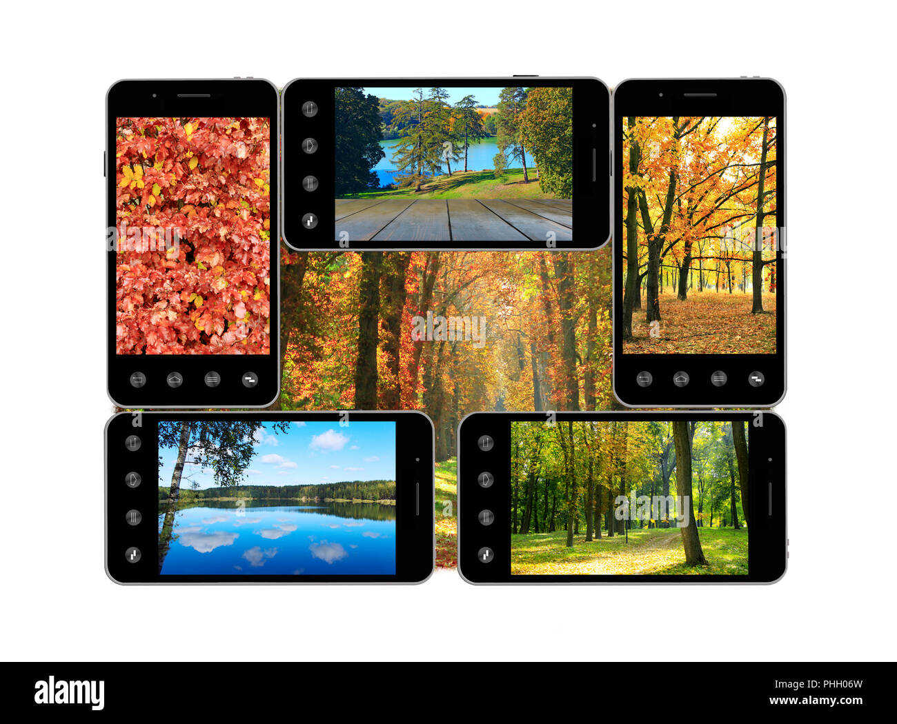 Mobile phones with images of autumn. Modern communications. Stock Photo