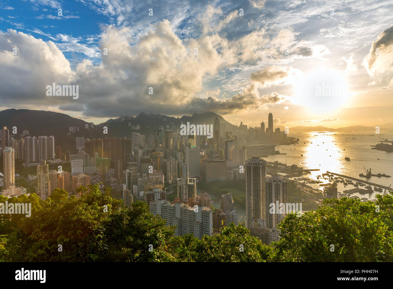 Hong Kong Sunset Aeriel View Stock Photo