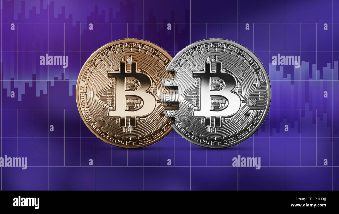 Coins bitcoin on an ultraviolet background, money transfer concept. Stock Photo