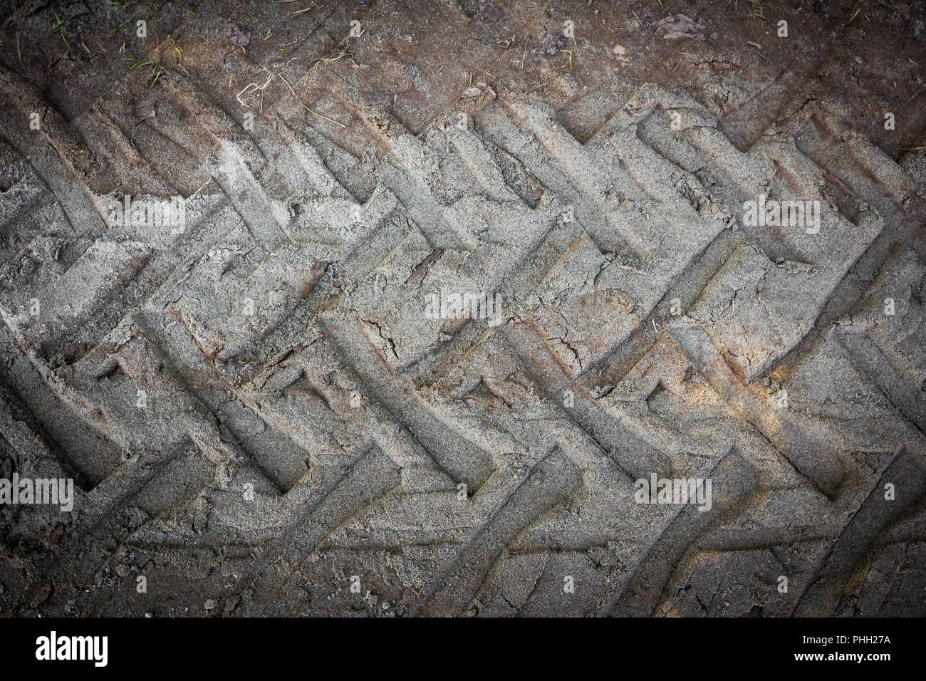 Tire tracks on a muddy road Stock Photo