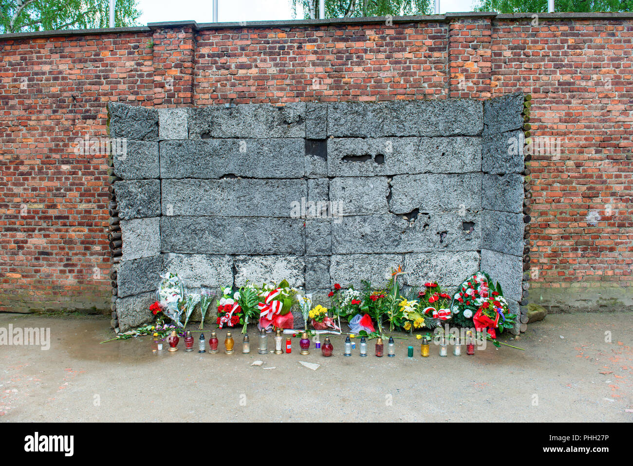 Memorial at Death Wall in Auschwitz Stock Photo