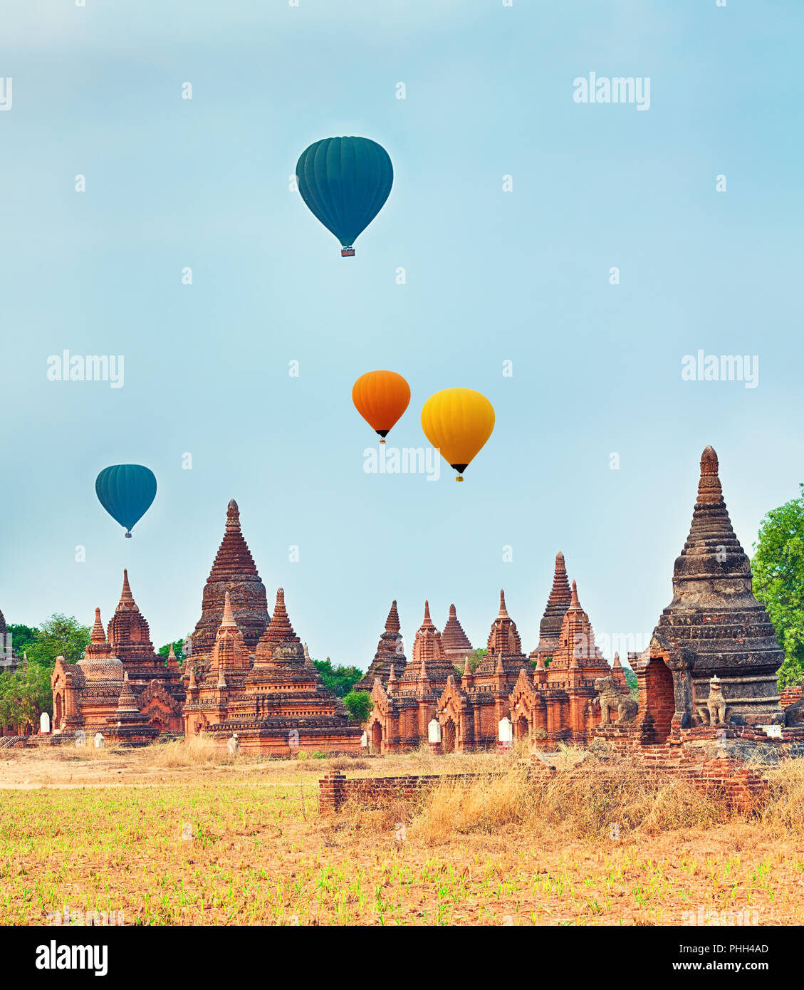 Balloons over Temples in Bagan. Myanmar. Stock Photo