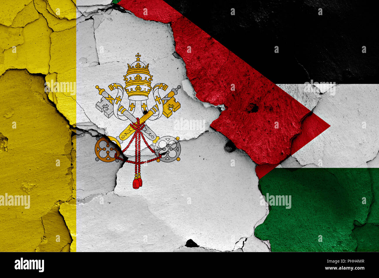 flag of Vatican and Palestine painted on cracked wall Stock Photo