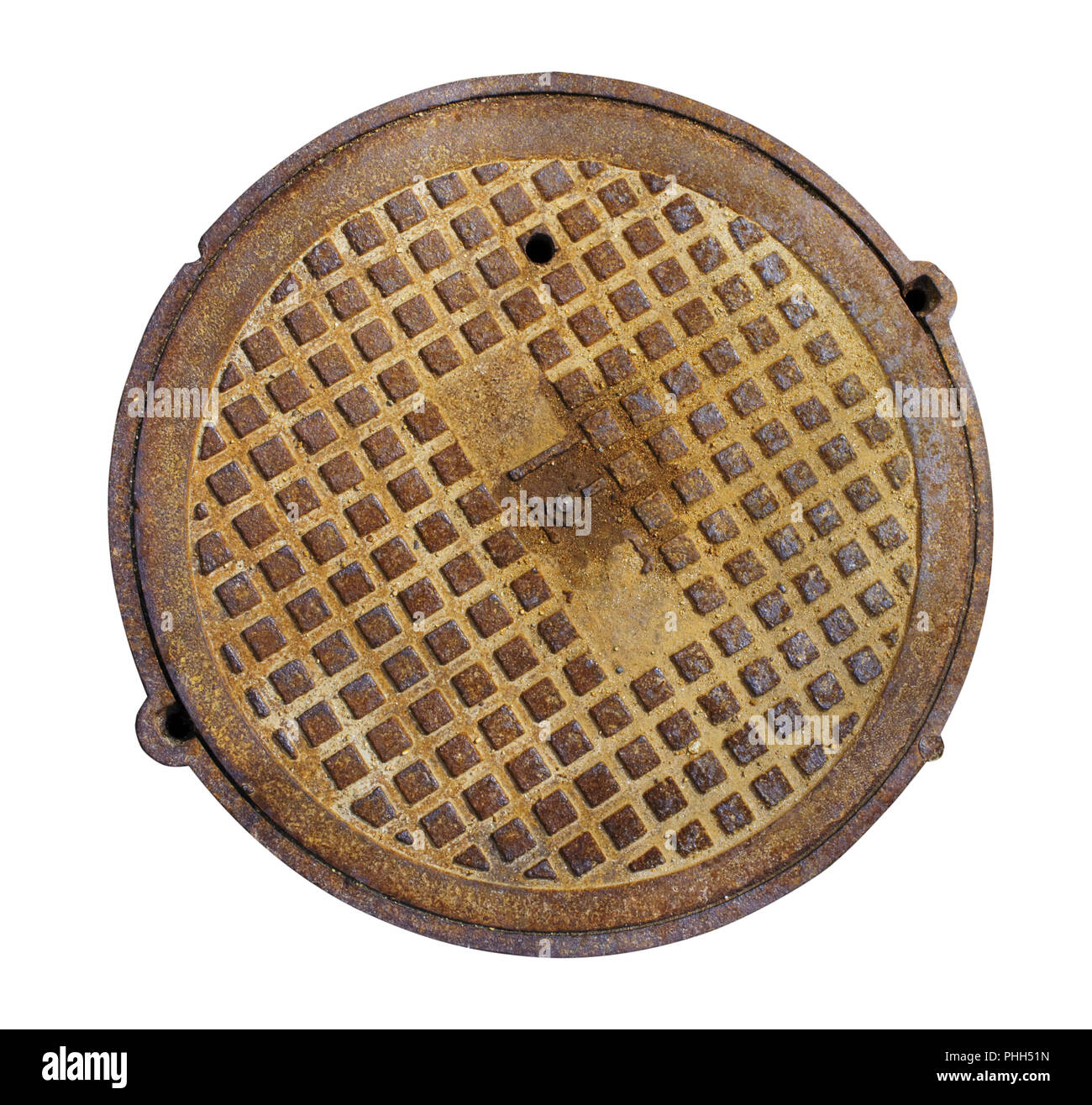 Round rusty steel  hatch of the city sewerage system. Stock Photo
