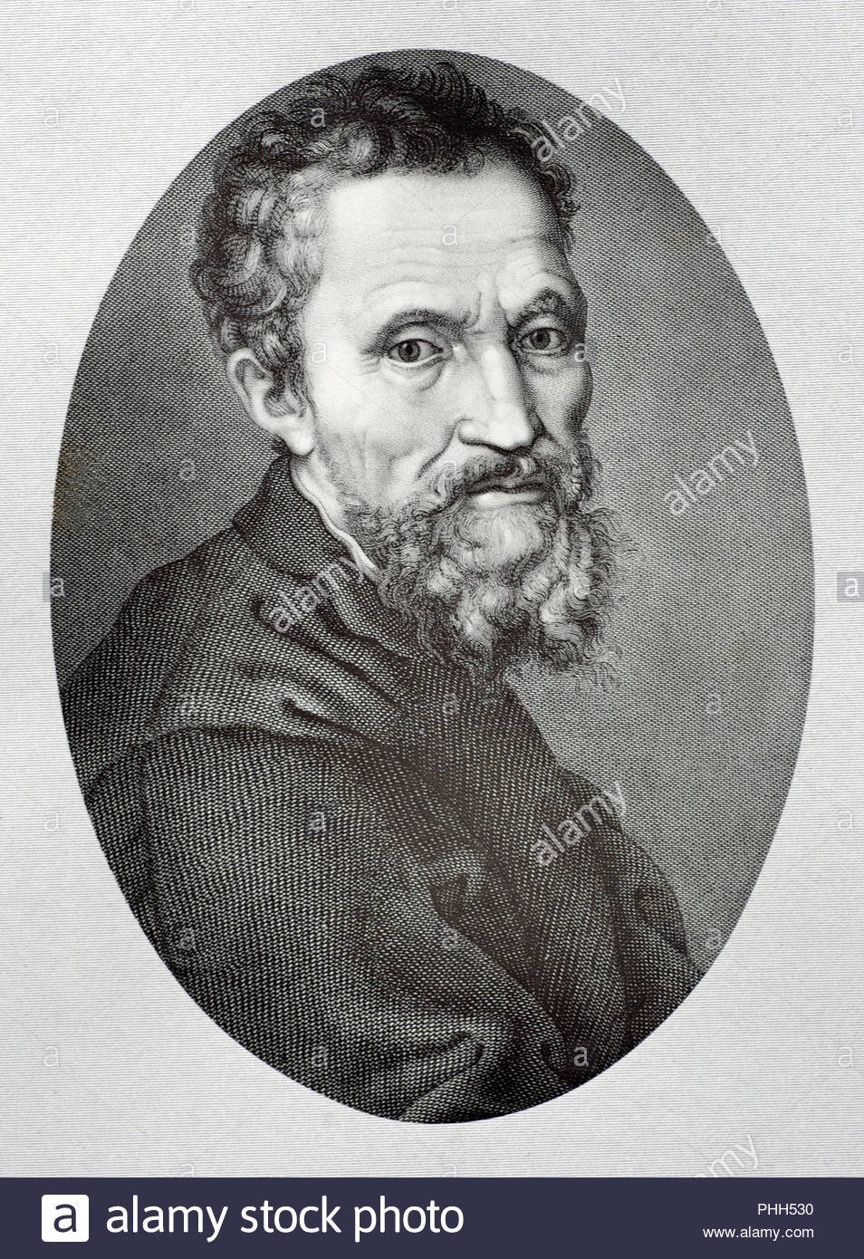 Michelangelo di Lodovico Buonarroti Simoni or more commonly known by his first name Michelangelo 1475 –  1564 was an Italian sculptor, painter, architect and poet of the High Renaissance born in the Republic of Florence, who exerted an unparalleled influence on the development of Western art, antique illustration from 1880 Stock Photo