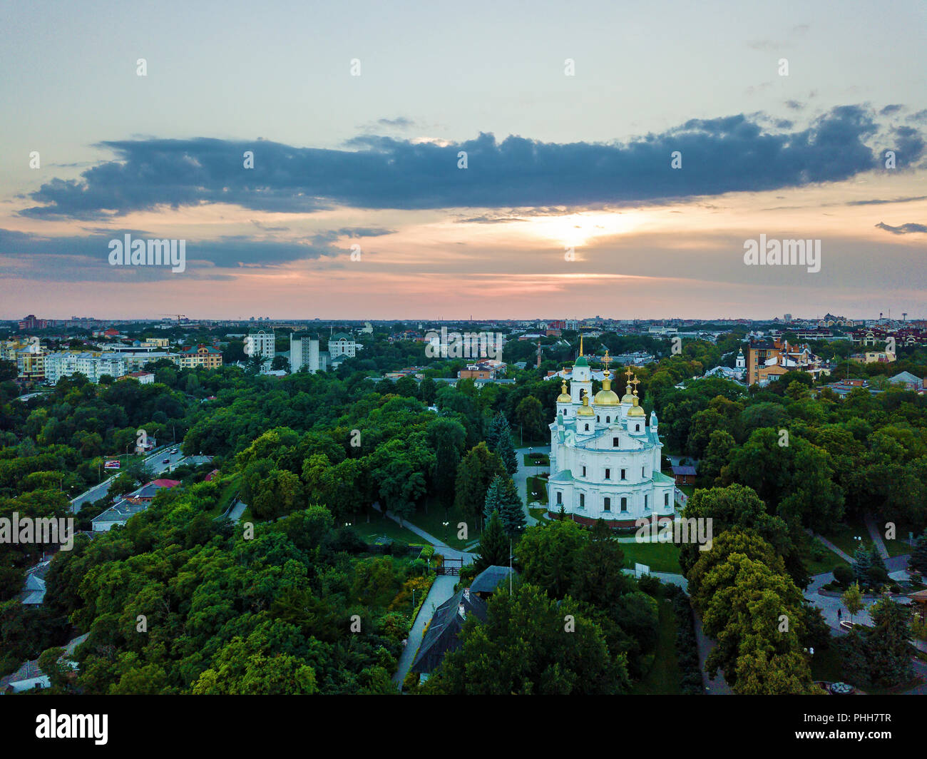 Orthodox church in the background of the sunset, smotravaya site in Poltava Stock Photo