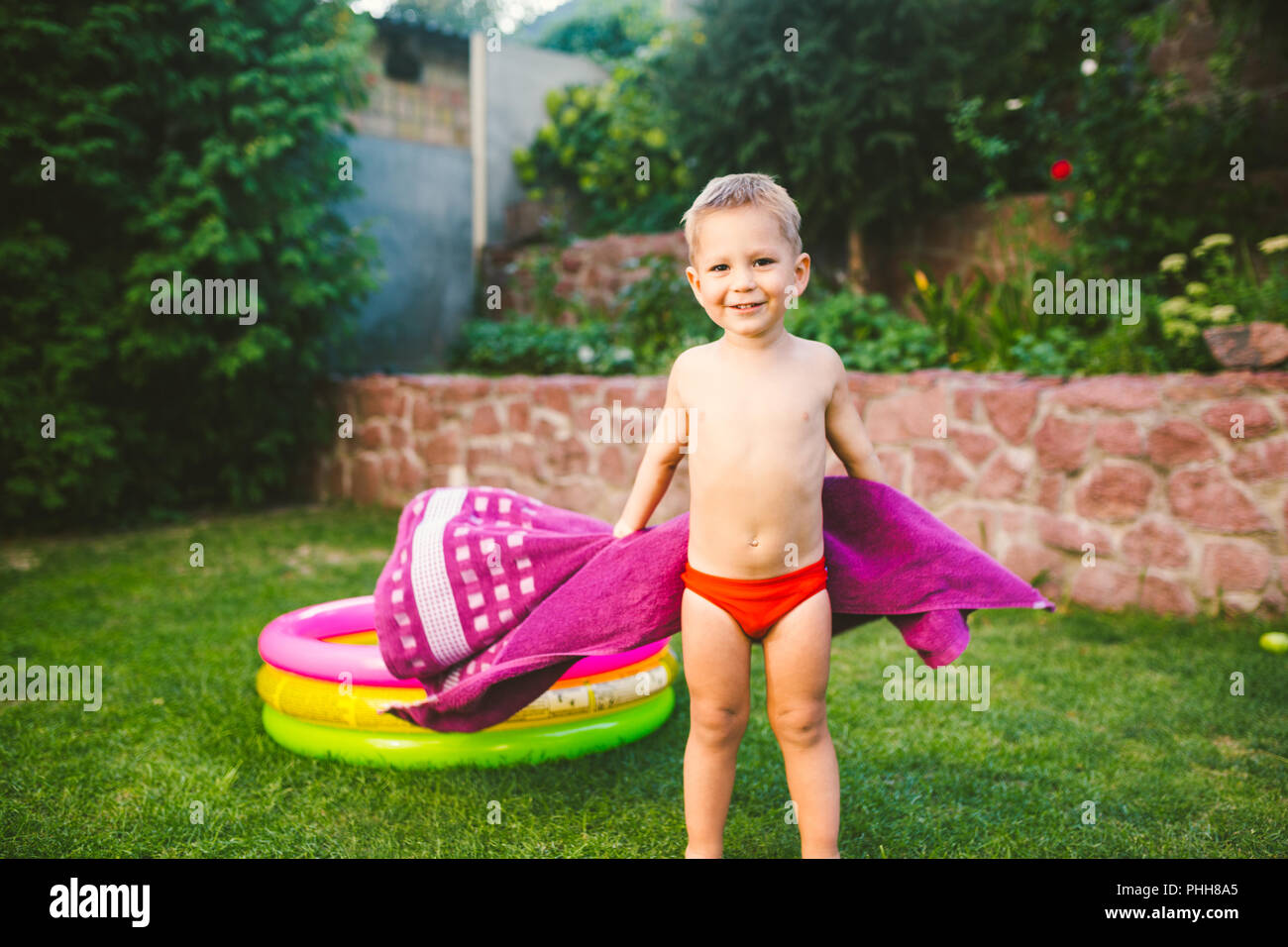 Small Boy Inflatable Backyard Pool Stock Photos Small Boy