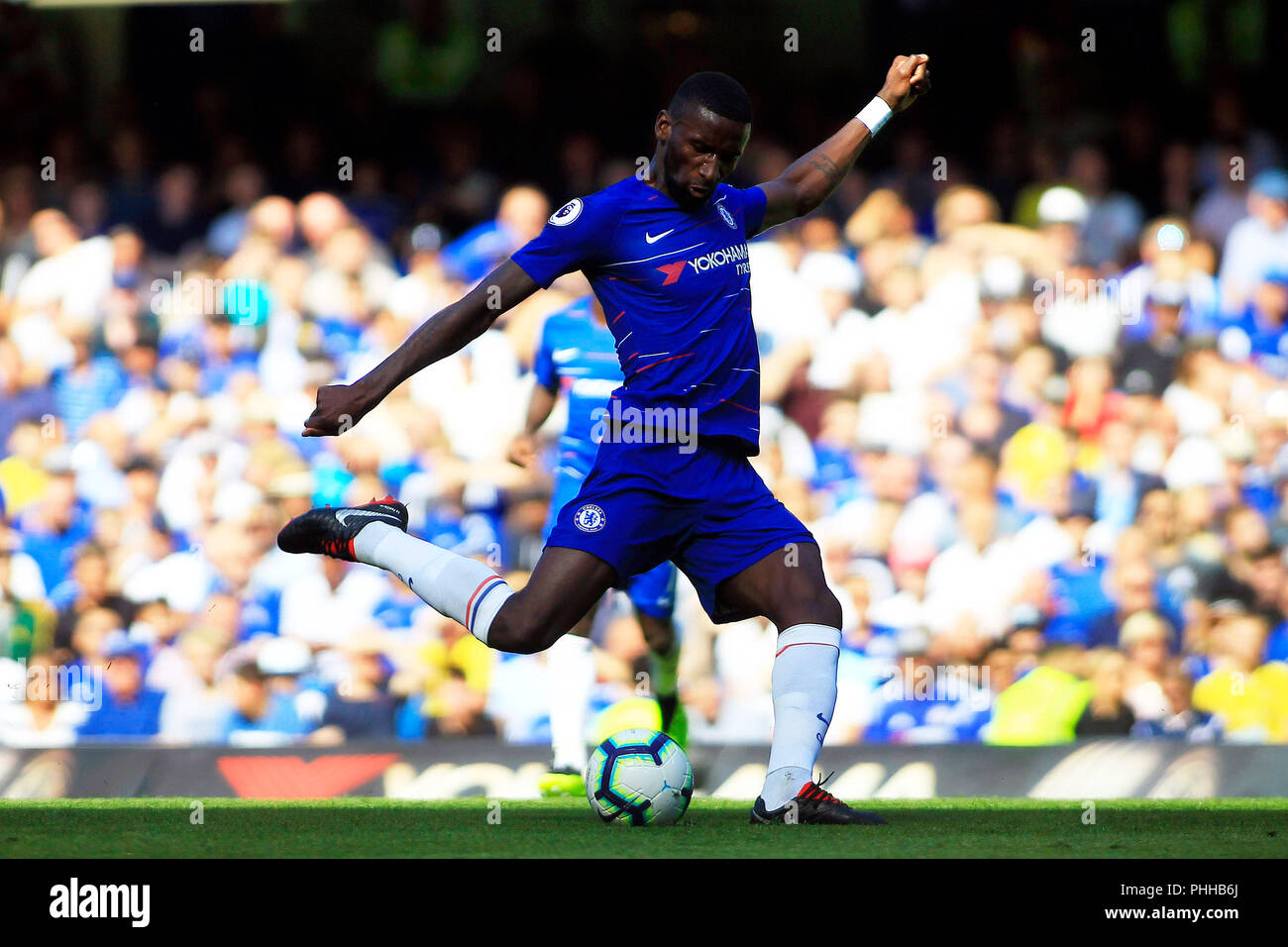 London, UK. 1st September, 2018. Antonio Rudiger of Chelsea takes a shot at goal. Premier League match, Chelsea v AFC Bournemouth at Stamford Bridge in London on Saturday 1st September 2018.  this image may only be used for Editorial purposes. Editorial use only, license required for commercial use. No use in betting, games or a single club/league/player publications. pic by Steffan Bowen/ Andrew Orchard sports photography/Alamy Live news Stock Photo