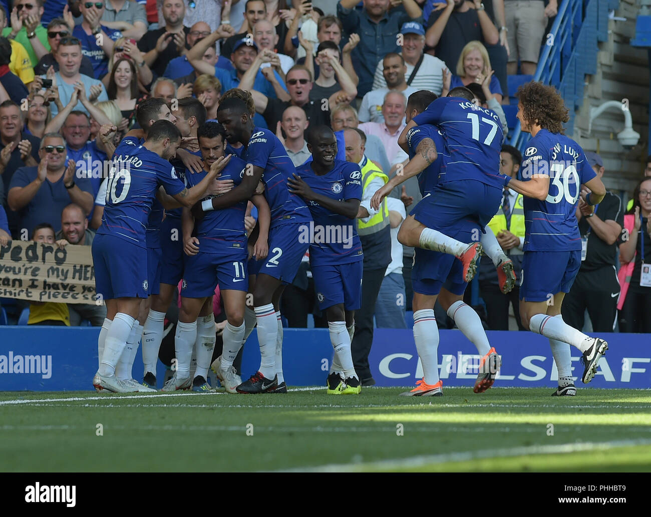London, UK. 1st September, 2018. Pedro of Chelsea celebrates scoring the opening goal during the Chelsea vs AFC Bournemouth Premier League match at Stamford Bridge on Saturday 1st September 2018 EDITORIAL USE ONLY No use with unauthorised audio, video, data, fixture lists (outside the EU), club/league logos or "live" services. Online in-match use limited to 45 images (+15 in extra time). No use to emulate moving images. No use in betting, games o Credit: MARTIN DALTON/Alamy Live News Stock Photo