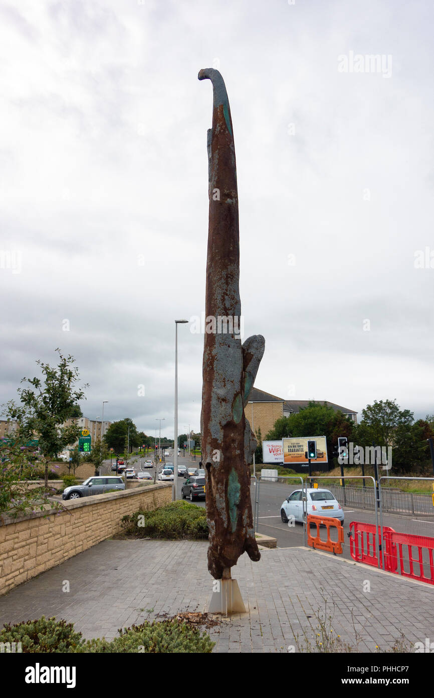 Kirkcaldy, Scotland, UK. 1 Sept, 2018. Wooden sculpture named Phantom by renowned Scottish artist David Mach has been cordoned off from the public following reports that debris is falling from the work. The wooden sculpture is made from a piece of driftwood with tens of thousands of nails driven into it and was commissioned by Morrisons supermarket for £35,000. Damage to the work is obvious but whether the fallen small pieces of wood and nails pose a risk to the public is open to debate. Credit: Iain Masterton/Alamy Live News Stock Photo
