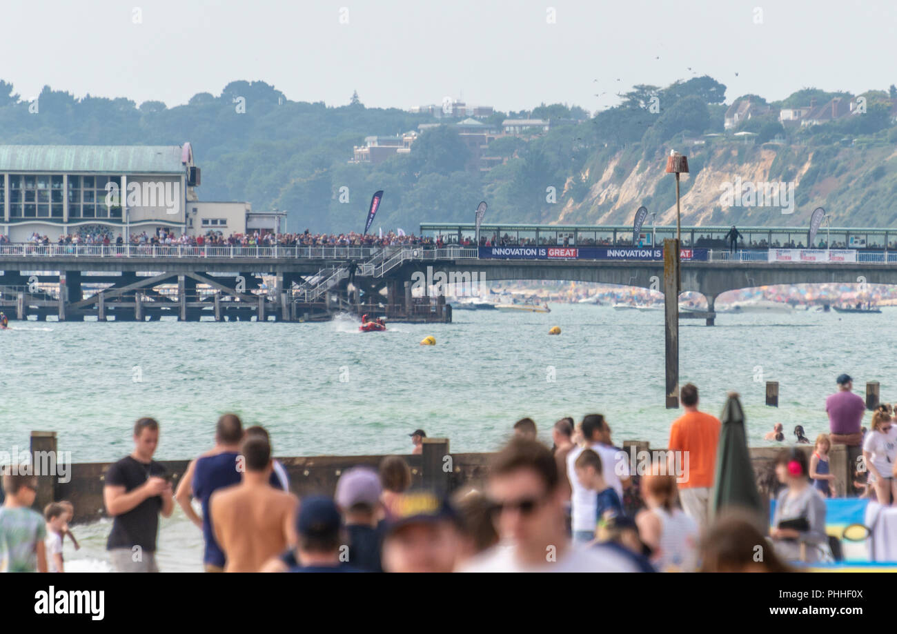 Bournemouth, UK. 1st September 2018. The Bournemouth Air Festival continues with good weather and huge crowds to for the free, annual festival on the beach in Bournemouth, Dorset. Displays from the Red Arrows, Tigers Parachute Display Team, Gravity Industries Jet Suit, a Chinook Helicopter and the Breitling Jet Team among others. Credit: Thomas Faull/Alamy Live News Stock Photo