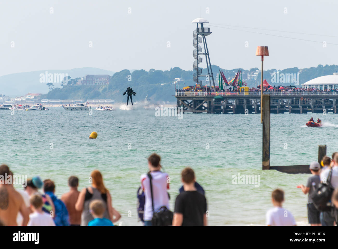 Bournemouth, UK. 1st September 2018. Richard Browning, the founder of Gravity Industries, has a malfunction at Bournemouth Air Festival and ends up crashing into the sea in his jet suit. He is uninjured and walks away with a very wet piece of kit. Part of the annual Air Festival in Bournemouth, Dorset. Credit: Thomas Faull/Alamy Live News Stock Photo
