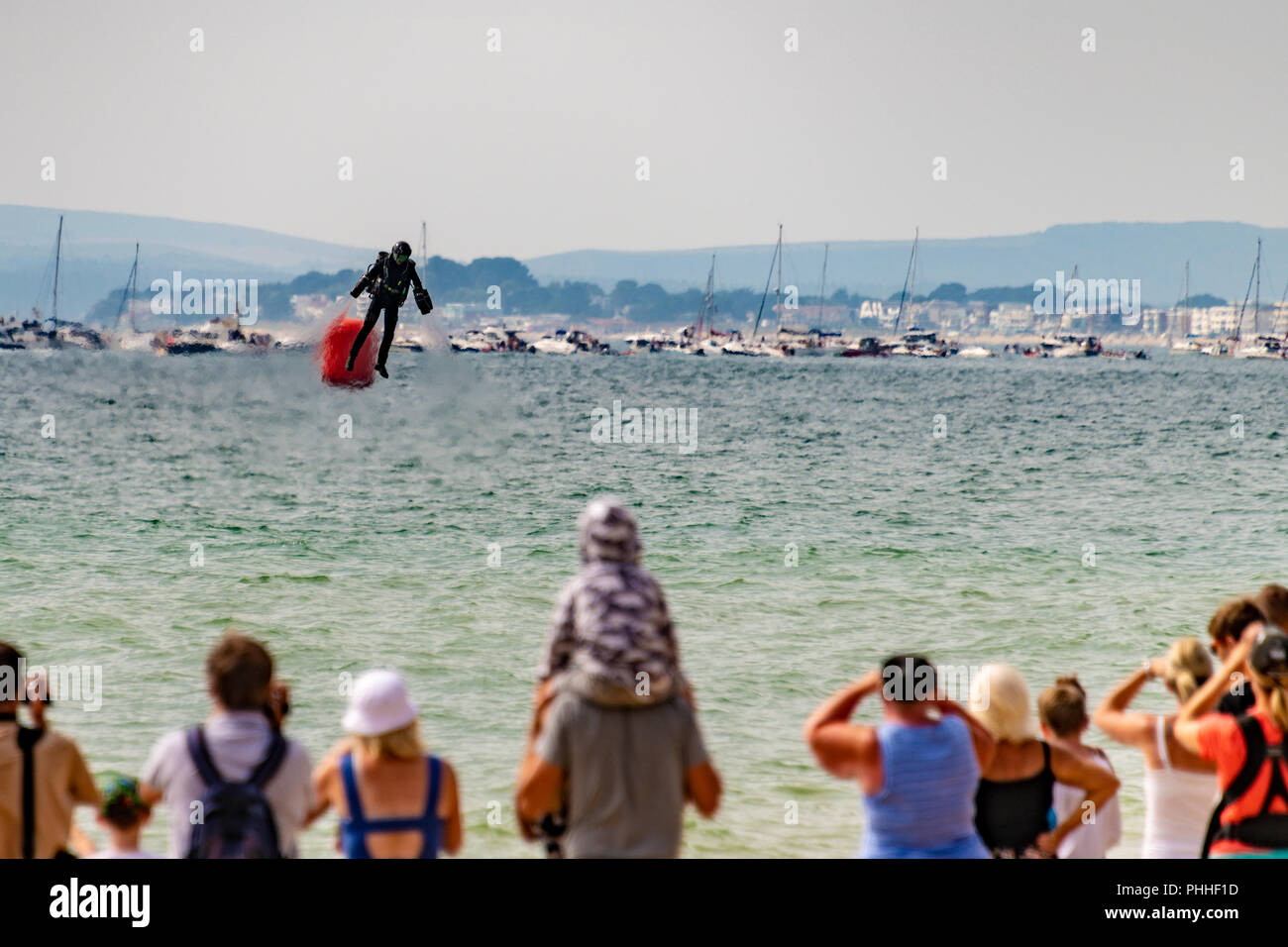 Bournemouth, UK. 1st September 2018. Richard Browning, the founder of Gravity Industries, has a malfunction at Bournemouth Air Festival and ends up crashing into the sea in his jet suit. He is uninjured and walks away with a very wet piece of kit. Part of the annual Air Festival in Bournemouth, Dorset. Credit: Thomas Faull/Alamy Live News Stock Photo
