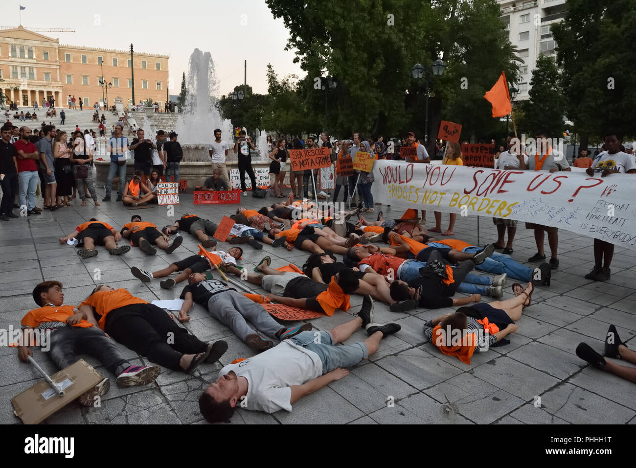 Athens, Greece. 1st Sept 2018. Protesters decry criminalization of refugee sea rescue operations in Athens, Greece. Credit: Nicolas Koutsokostas/Alamy Live News. Stock Photo