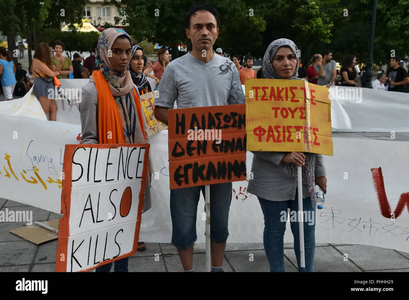 Athens, Greece. 1st Sept 2018. Protesters decry criminalization of refugee sea rescue operations in Athens, Greece. Credit: Nicolas Koutsokostas/Alamy Live News. Stock Photo