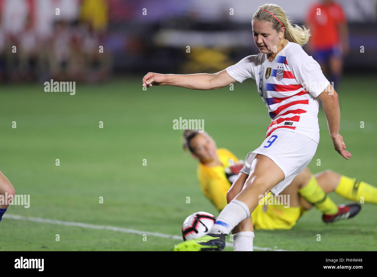 August 31, 2018: With the goalkeeper down USA Lindsey Pugh (9) takes a shot on goal but the effort is disallowed by a foul during the game between Chile and USA on August 31, 2018, at the StubHub Center in Carson, CA. USA. (Photo by Peter Joneleit) Stock Photo