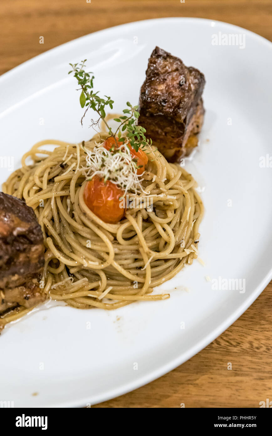 Spaghetti with Pork Belly Stock Photo Alamy