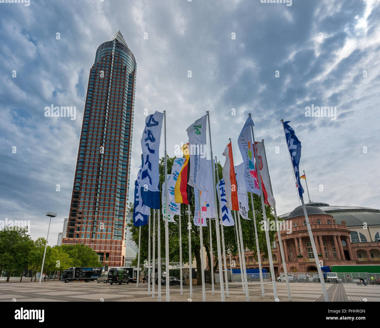 Flagpoles in front of the fairgrounds in Frankfurt am Main Stock Photo