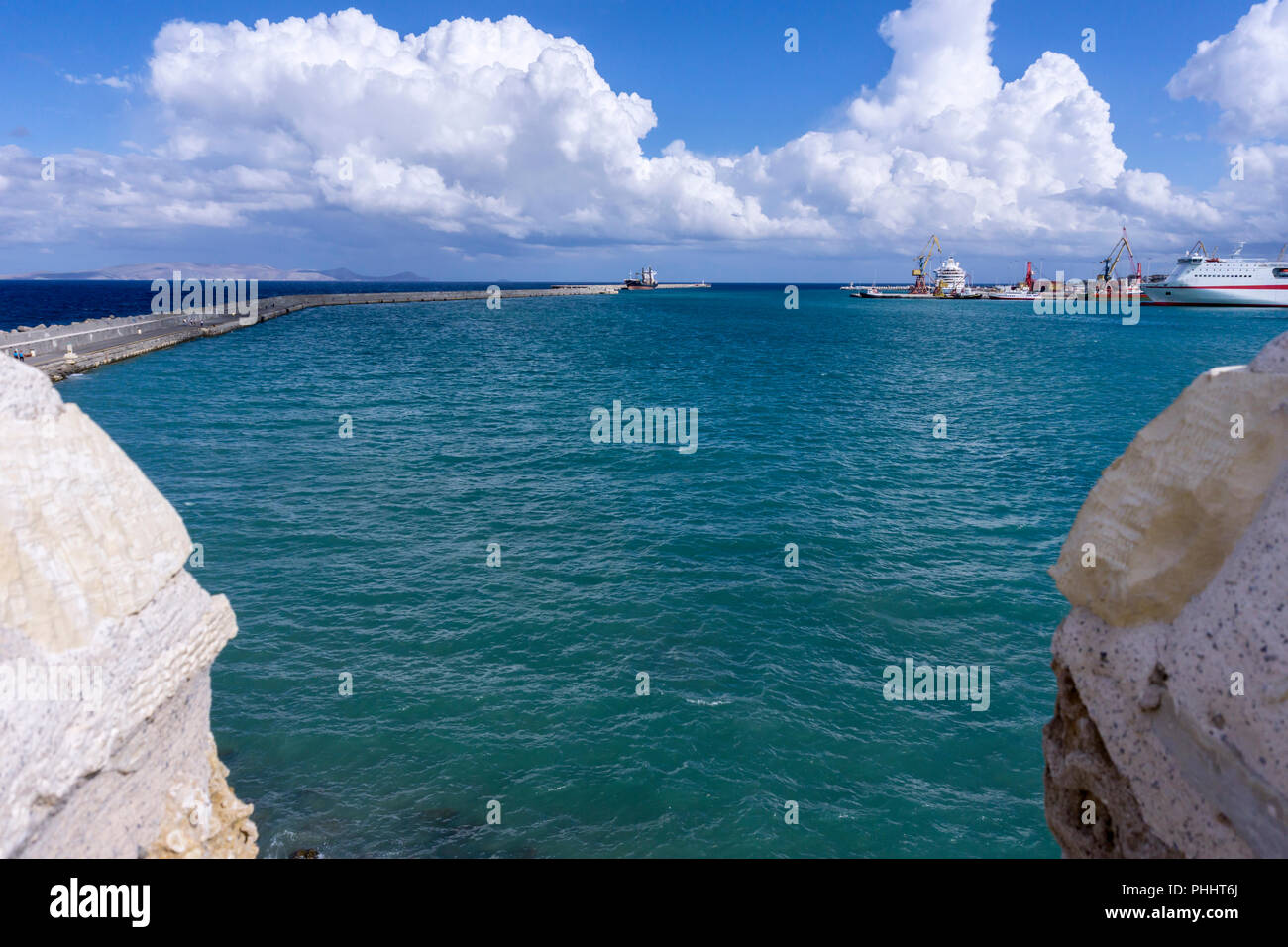 Heraklion, Crete Island / Greece. The port of Heraklion city as seen through the walls of the Venetian Fortress Koules (Castello a Mare) Stock Photo