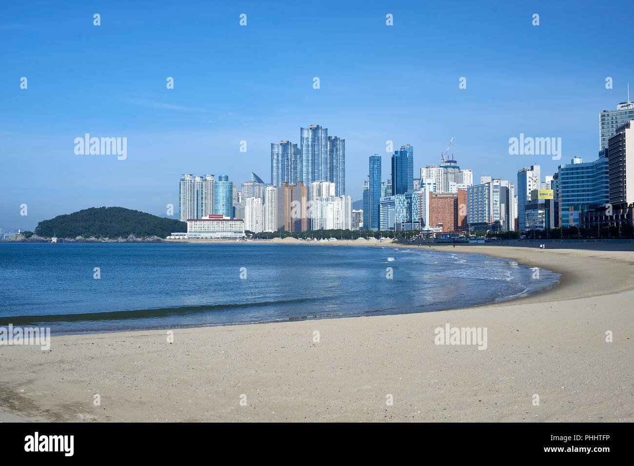 Haeundae Beach, Busan - early summer morning, clear sky and calm sea. Stock Photo