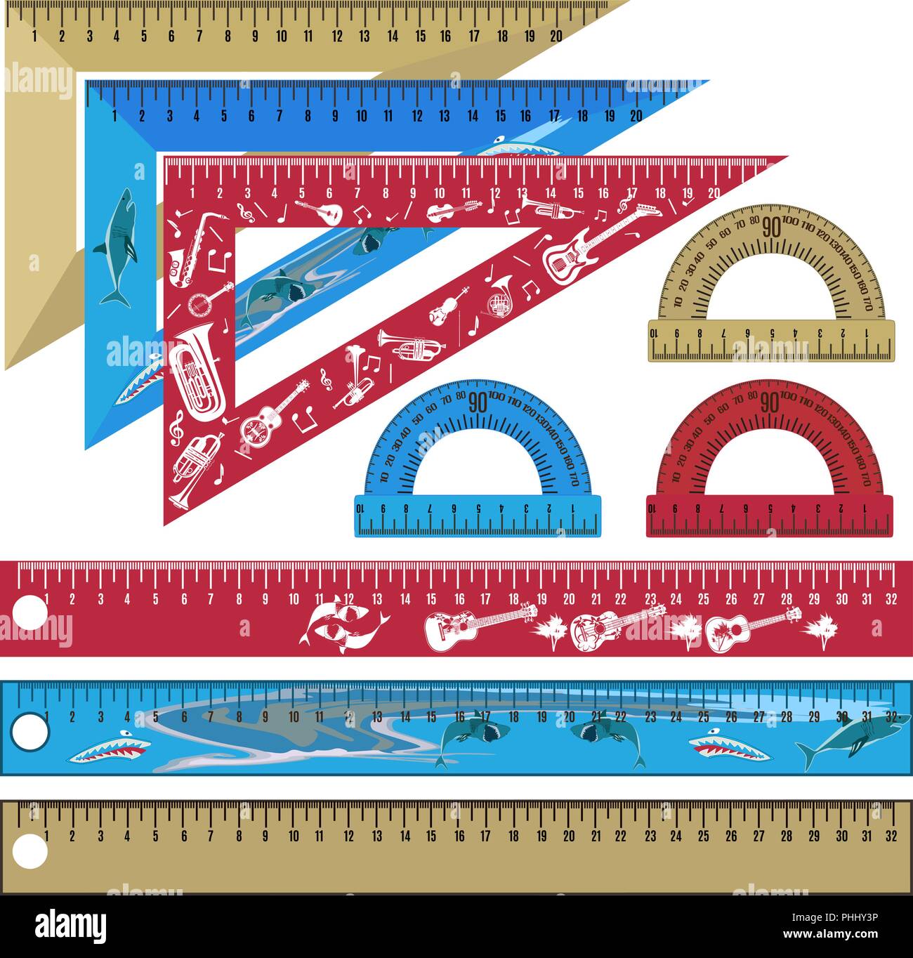 Vector set of school rulers and protractors in flat style Stock Vector