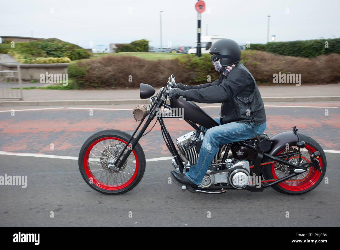 2006 Old Saxon motorcyle and rider at Morecambe Veterans rally, UK Stock Photo