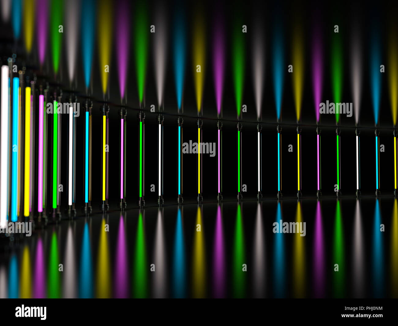 Lighting light lamp neon tubes glowing in dark room. 3D rendering Stock