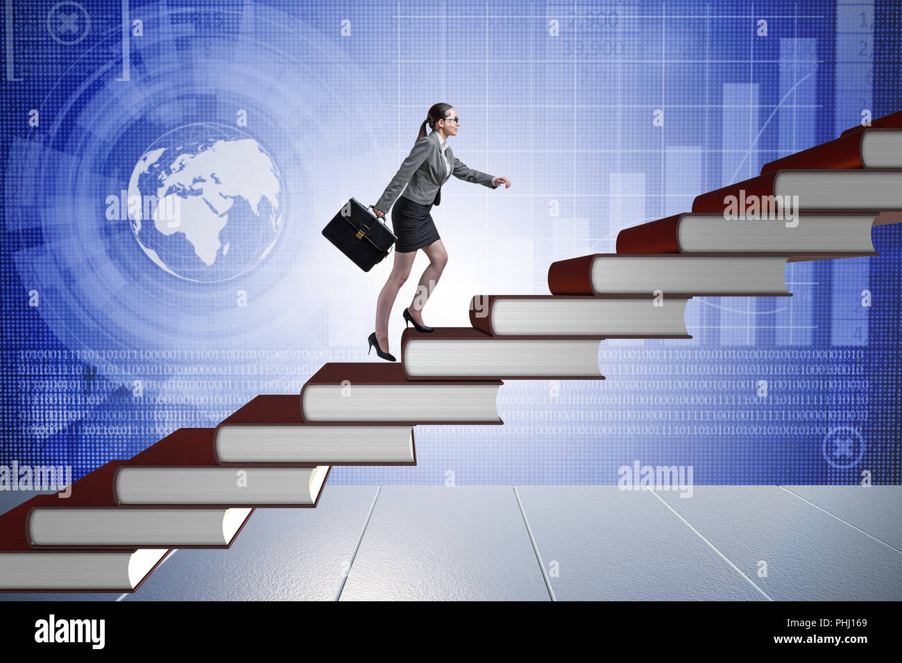 Businesswoman student climbing the ladder of education books Stock Photo