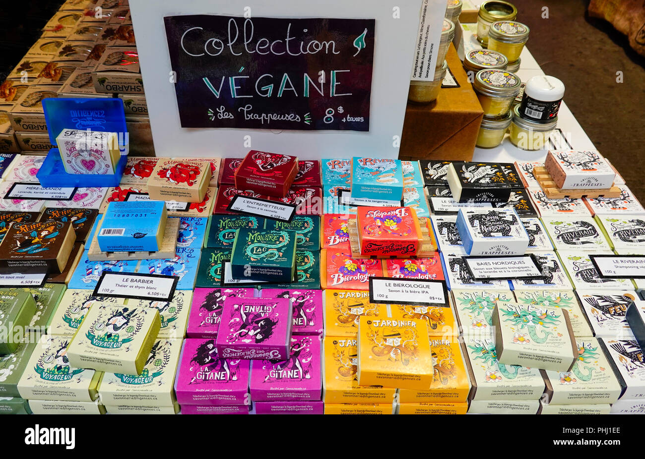 Handmade vegane sope in fancy packaging on offer at a market in Montreal Stock Photo