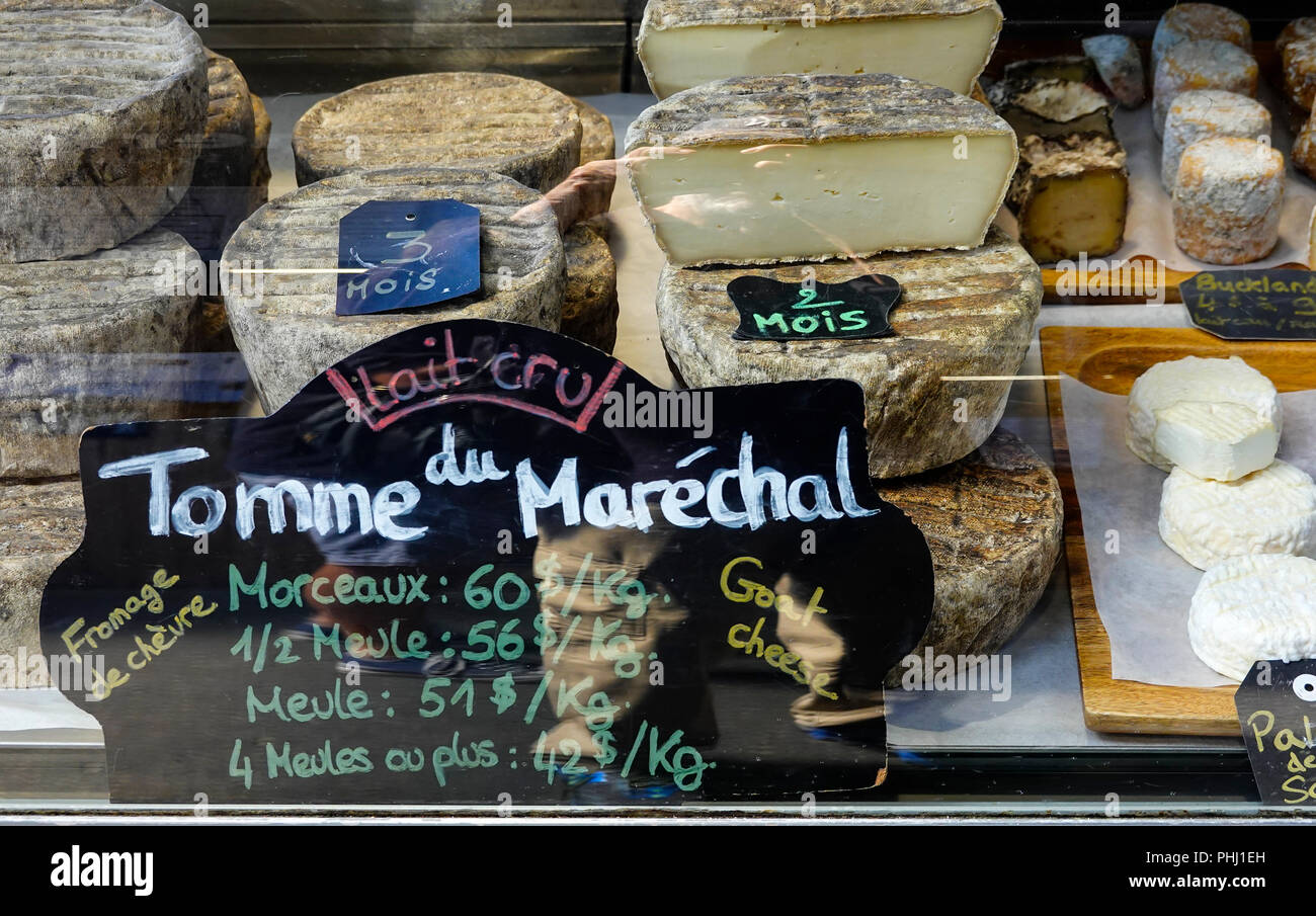 A selection of cheeses for sale at a farmers market in Montreal Stock