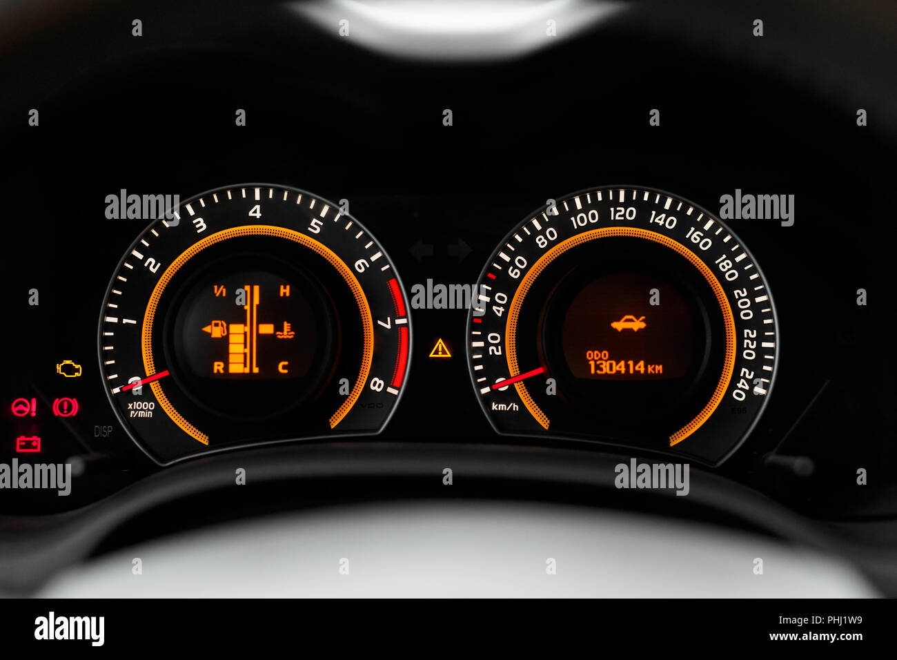 Dashboard closeup, car interior, red light Stock Photo Alamy