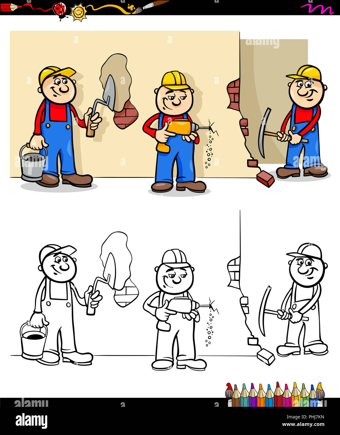 workers and builders characters group color book Stock Photo