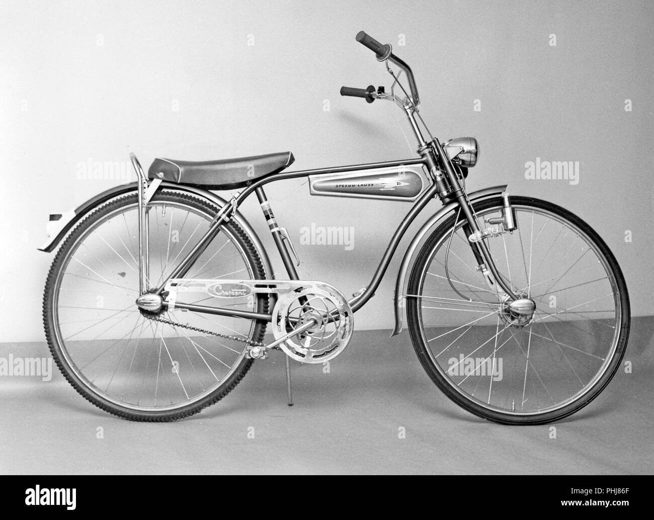 1950s bicycle. A childrens bicycle model Speed Cross  Crescent. A design with the space age in mind and a rocket pictured on the design tank. A model that was considered the coolest thing around for a child of the 1950s with high handlebars, front drum break and a loaf seat. Sweden 1956 ref CV15-9 Stock Photo