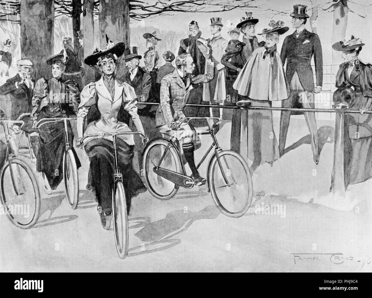 1800s cyclists. An illustration from the Graphic 1896 where men and women are riding bicycles in fashionable clothes. 1896 Stock Photo