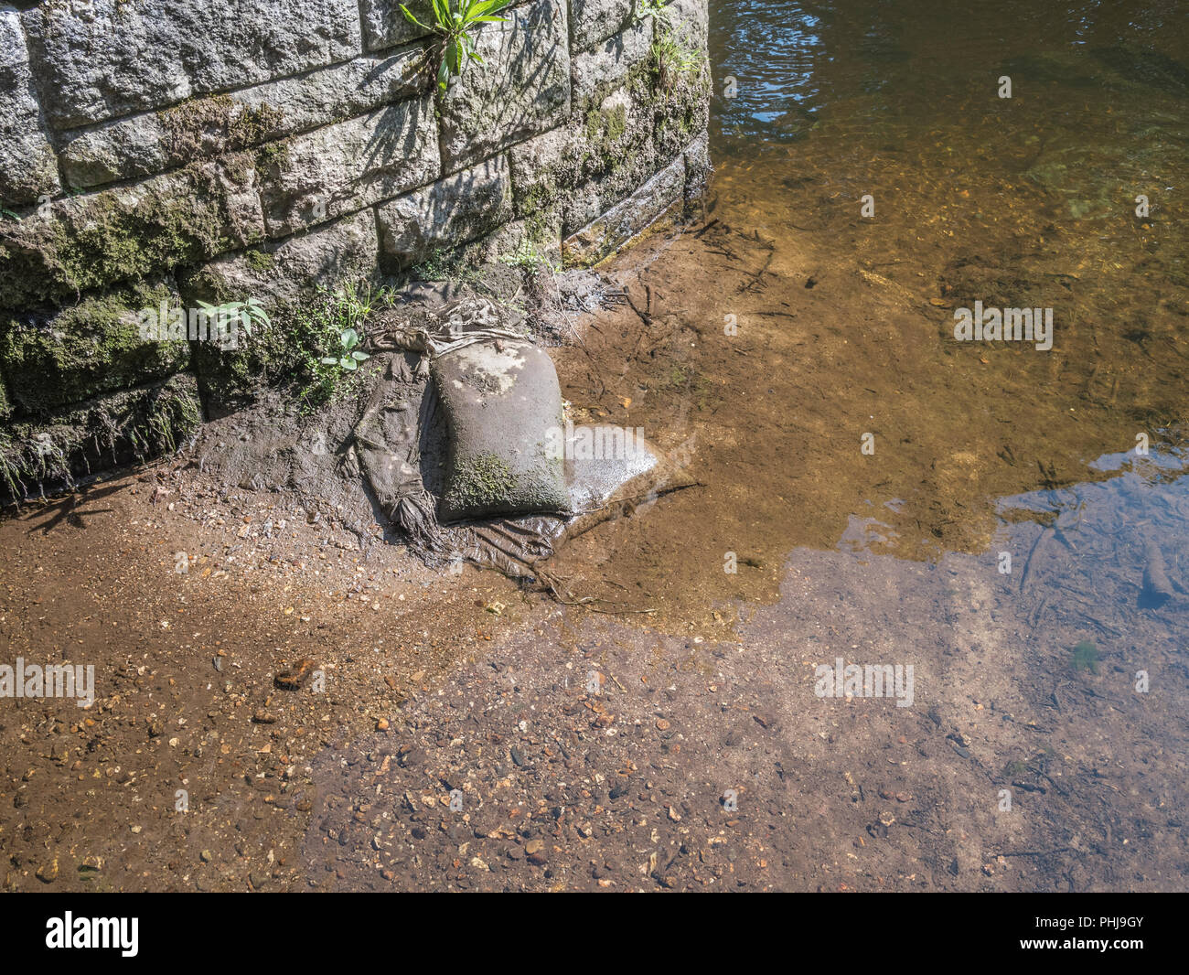 Remnants of sandbags used in flood defence. Stock Photo