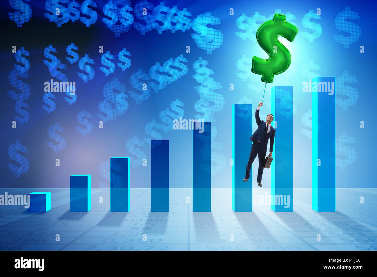 Businessman flying on dollar sign inflatable balloon over financ Stock ...