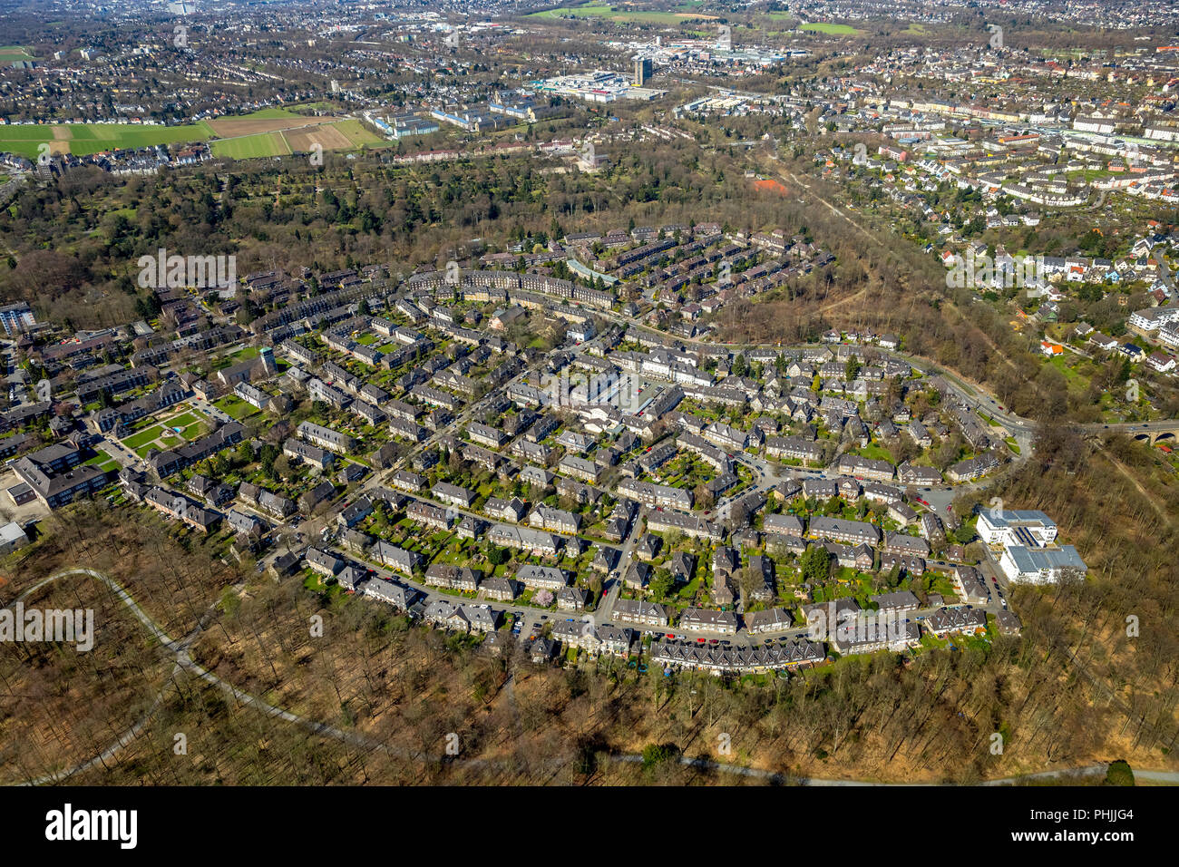 Overview of the residential area Margarethenhöhe in Essen in the Ruhr area in NRW. Essen, Ruhr area, North Rhine-Westphalia, Germany, Essen, DEU, Euro Stock Photo