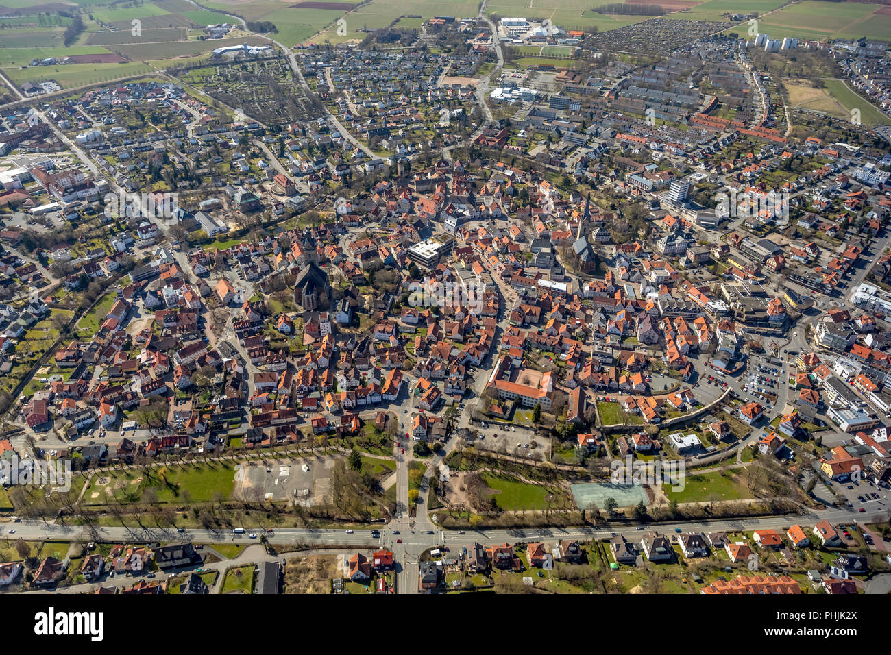 Historical old town of Korbach seen from the north over Heerstraße and Grabenstraße in Korbach. District town Korbach, district Waldeck-Frankenberg in Stock Photo