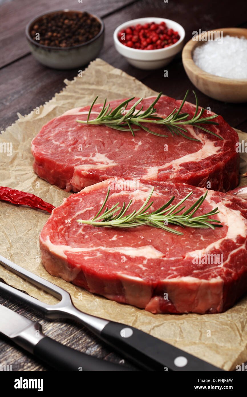 Steak raw. Barbecue Rib Eye Steak, dry Aged Wagyu Entrecote Steak Stock