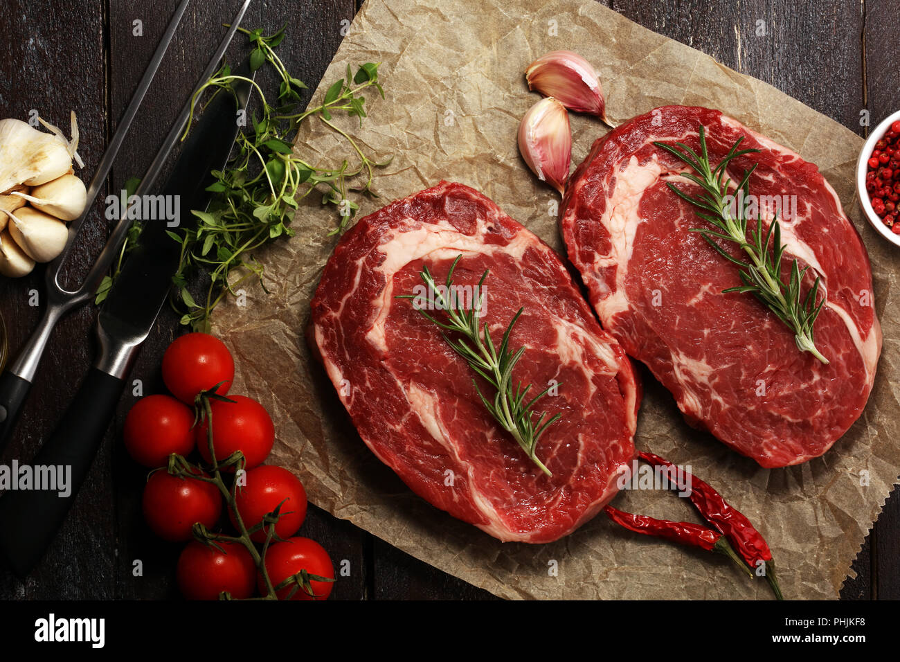 Steak raw. Barbecue Rib Eye Steak, dry Aged Wagyu Entrecote Steak Stock