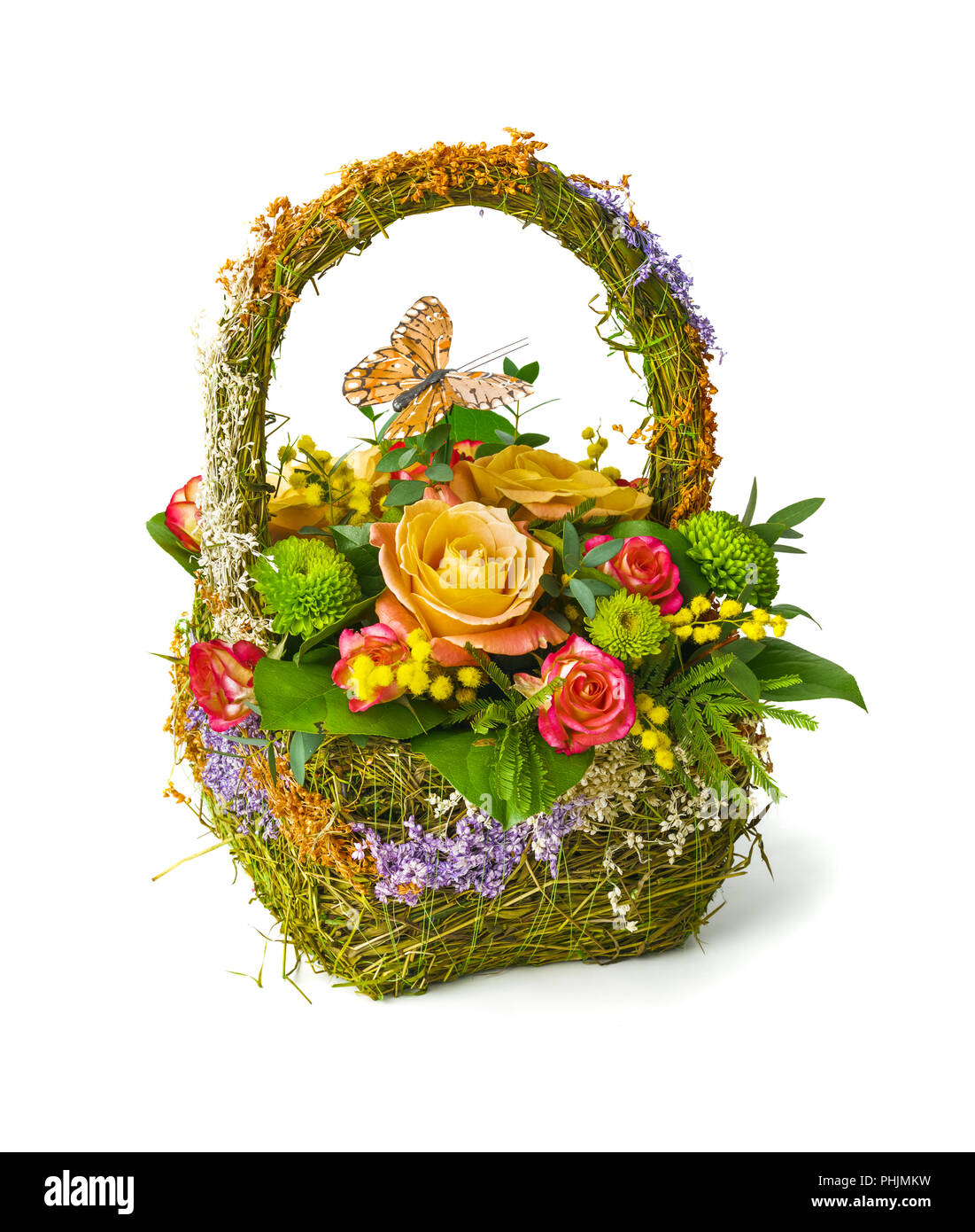 Flowers bouquet in basket Stock Photo Alamy