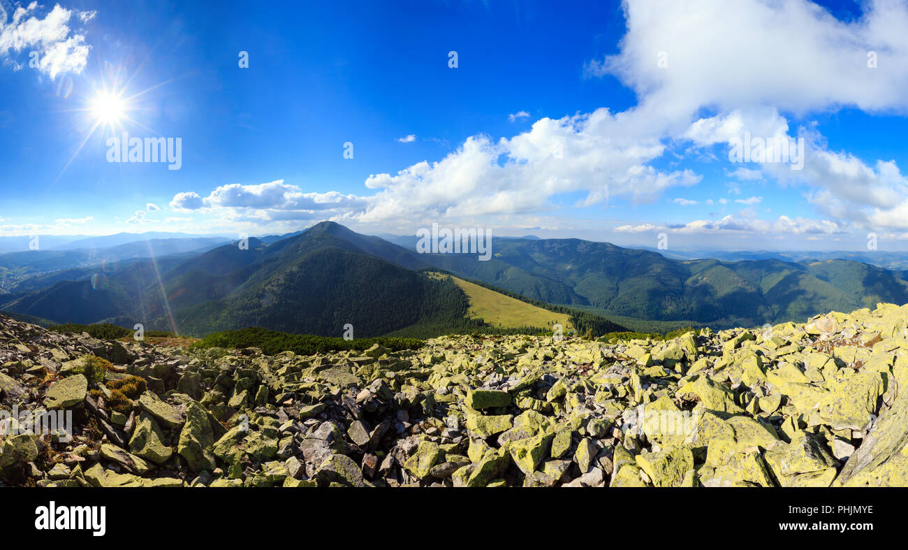 Summer sunshiny Carpathian mountain panorama. Stock Photo
