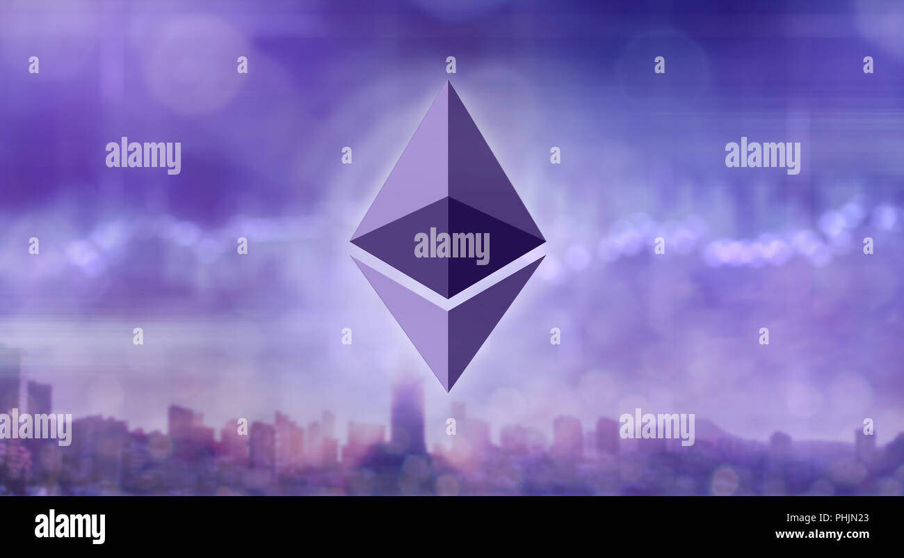 Ethereum icon against the background of ultraviolet city Stock Photo