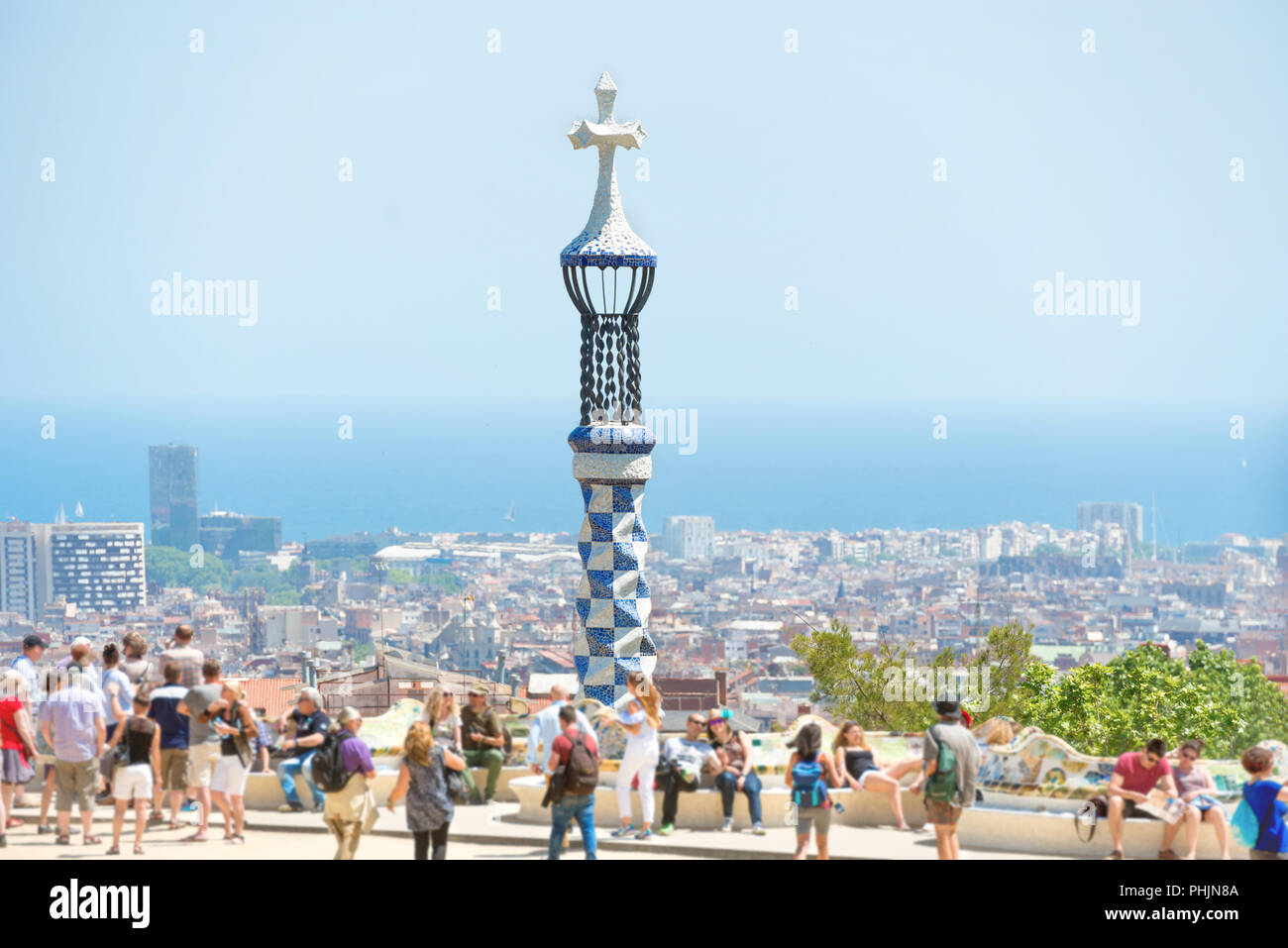 Park Guell with crowd of people Stock Photo