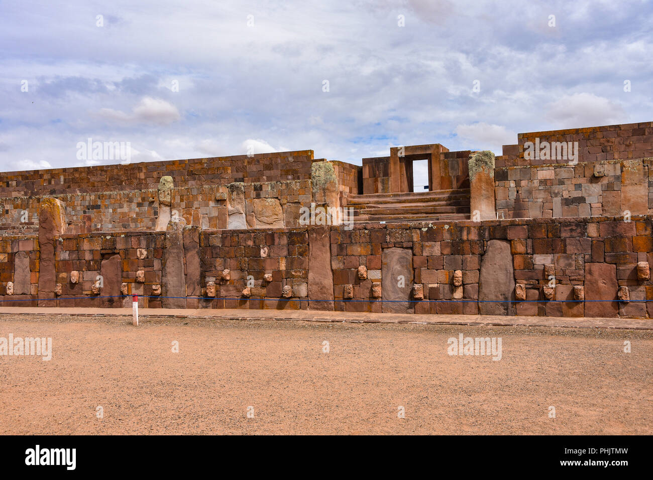 Semi-subterranean temple with the Ponce monolith visible in the Kalisasaya gateway. Tiwanaku archaeological site, La Paz, Bolivia Stock Photo